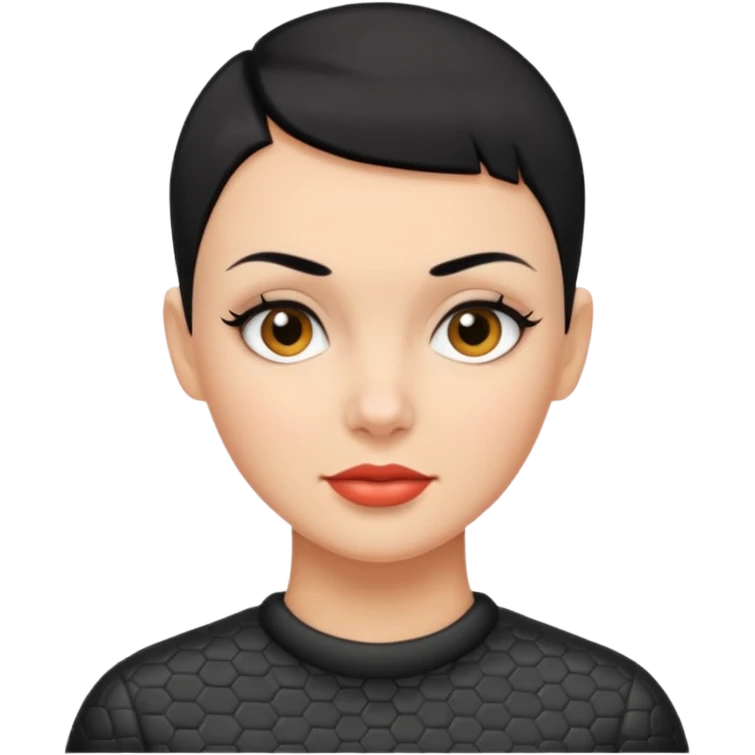 Lady with black buzz cut hair and dimpled face emoji
