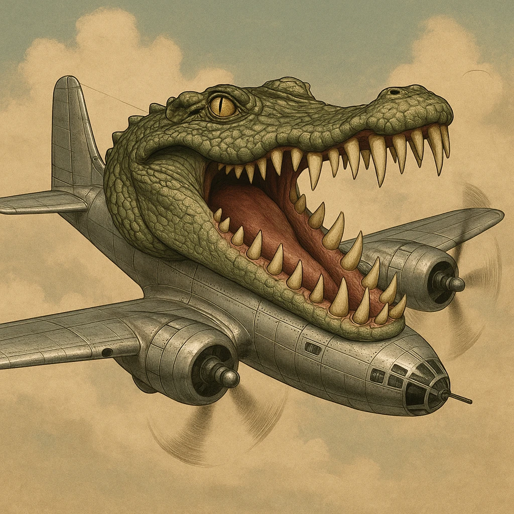 crocodile head with exaggerated sharp teeth seamlessly fused onto a WWII bomber plane metallic body with visible wings and spinning propellers, surreal and satirical inspired by Italian Brainrot memes emoji
