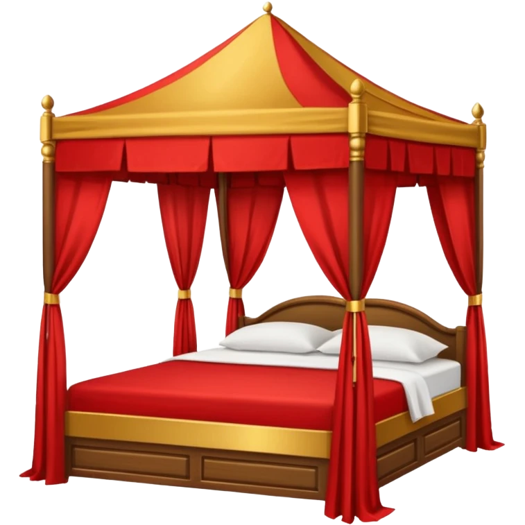 bed with red and gold sheets, wooden, canopy, simple emoji