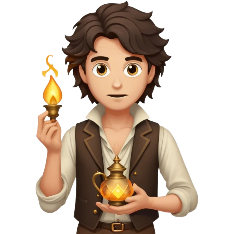 Cinematic Realistic Aladdin Portrait, depicted with lifelike, warm skin textures and a confident yet approachable gaze. His dark, wind-tousled hair frames expressive eyes full of adventure and kindness. Dressed in his iconic vest and loose trousers with intricate detailing, he holds a subtle glimmer of a magic lamp, all rendered under soft natural lighting with a radiant glow that captures his resourceful spirit. emoji