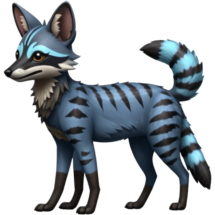Realistic edgy bluish greyish blackish whitish silvery Shiny Colorful Dusky Dark Gloomy Glossy Aardwolf-Maned-Wolf-Genet-Bobcat-fusion-animal-hybrid-creature, full body emoji