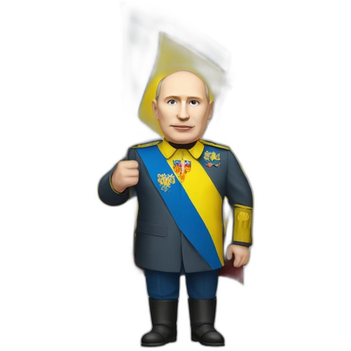 Vladimir Poutine holding Ukrainian flag high details emoji
