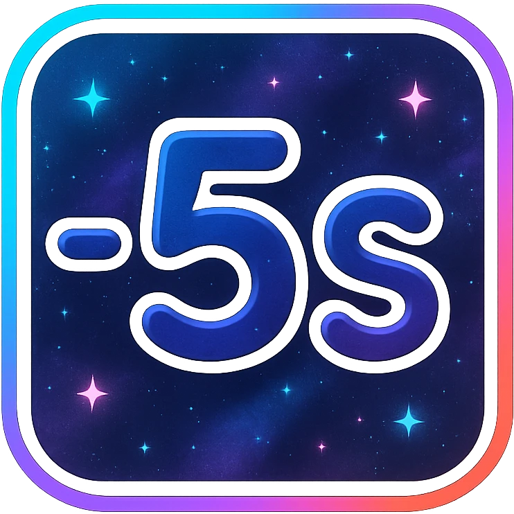 -5 sec icon, modern clean minus and 5 with neon border and glowing effect, dark purples blues blacks base, nebula gradients, small bright stars, specular highlights, luminous look emoji