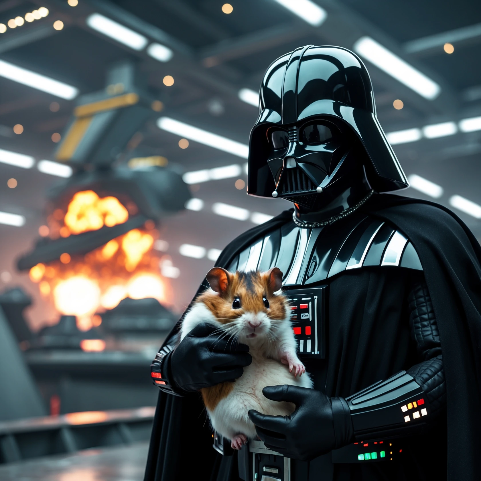 Cinematic still, Extreme Closeup Photo of a darth vader holding big hamster, low key light, explosion startship background with leading lines, back light, spot light emoji