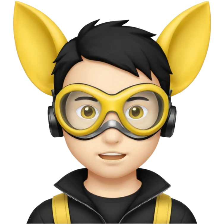 A teenage male with a yellow mask, ears, mouth, nose, and hair showing, white goggles, and black hair emoji