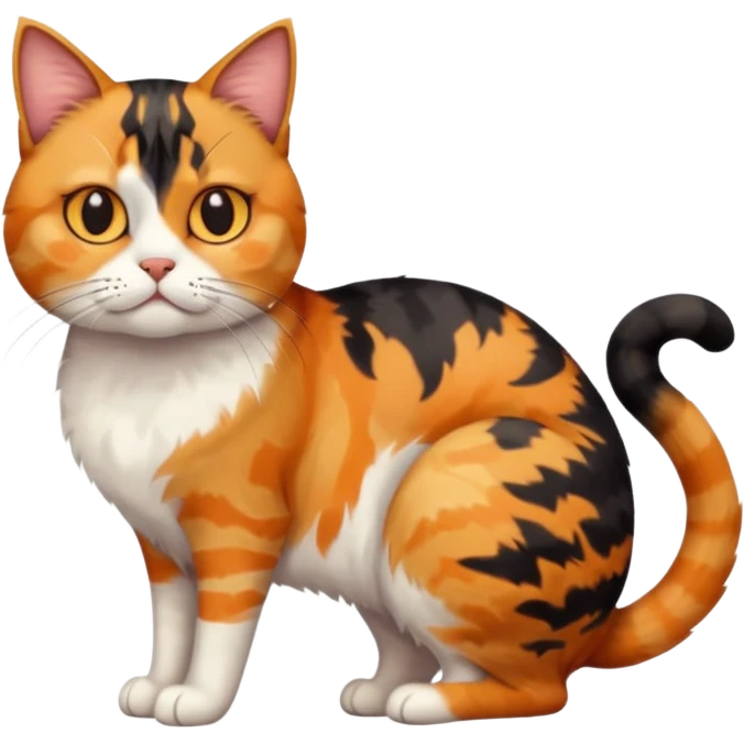 full body calico tabby cat with skinny head and fat body with an anxious face emoji