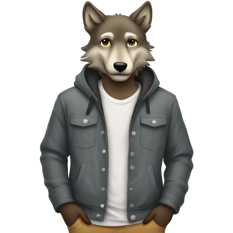 Wolf wearing chill guy clothes with hands in pockets emoji