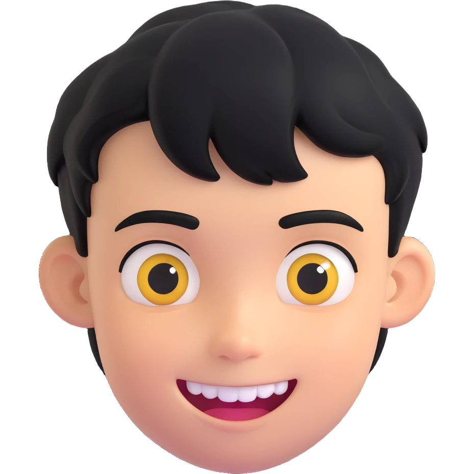floating head of a boy with short black hair, dark eyebrows, mischievous smile showing gold teeth or grillz, smooth cartoon style, emoji aesthetic, simple background, centered face, expressive eyes emoji