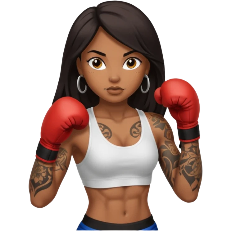 sexy brown skin girl with long dark hair, tattoes, muscles boxing emoji