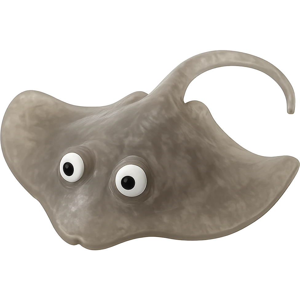 hyper-detailed retro 90's toy style see-through very transparent natural gray or brown plastic stingray with derpy eyes soft plastic soft reflections soft and squishy some cloudiness not shiny highly detailed appealing no tag no background emoji