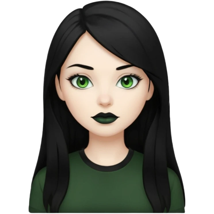 Black haired woman, green eyes, black lipstick, white skin, black t shirt, sharp face, long hair emoji