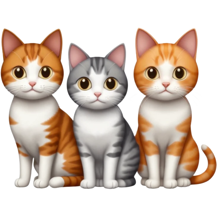 3 different coloured tiny short haired cats, including a dark grey and white cat, and a dark brown tabby and white and a ginger and white emoji