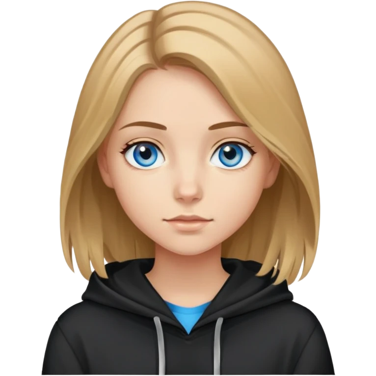 girl with blue eyes, shoulder-length brown hair with blonde highlights, wearing a black hoodie emoji