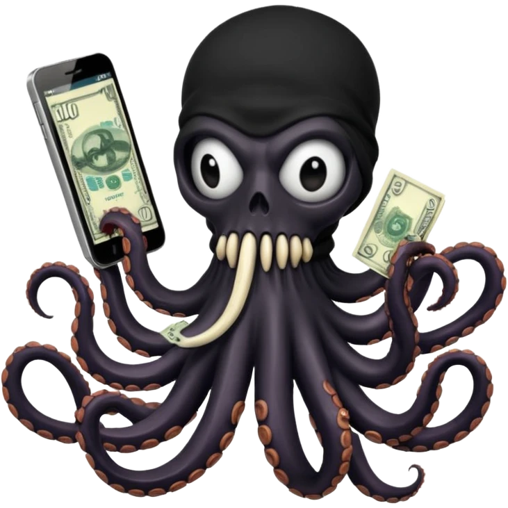 satanic octopus skeleton with scary evil eyes, wearing a black balaclava. 1 tentacle is holding a cellphone, 1 tentacle is holding a bone, 1 tentacle is holding a stack of cash. emoji