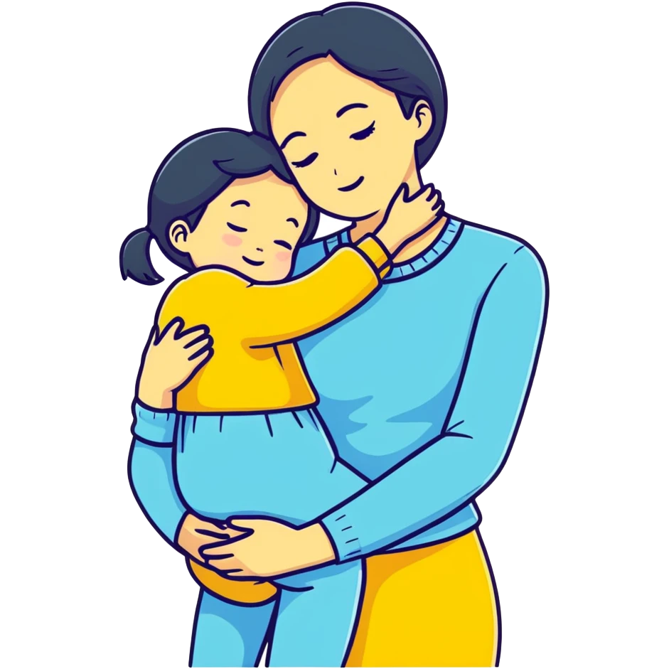mother hugging daughter with pastel blue background and clothing emoji