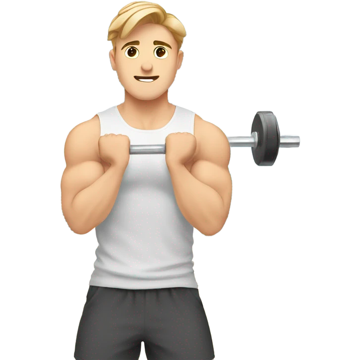 Kawaii White man with light brown hair at gym standing holding barbell on shoulders from side view emoji
