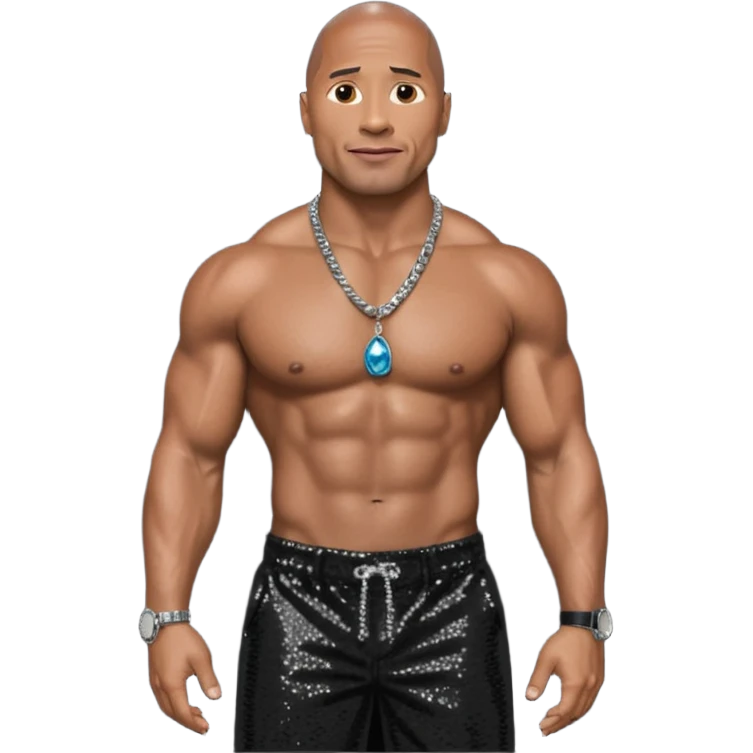 Dwayne Johnson with black sequin baggy pants, shirtless with necklace, dark brown hair emoji