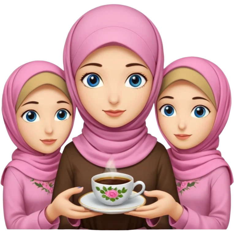 Turkish beautiful finish Konya three girls blue eyes with pink rose and turkis butter yellow hijab islamic dress and had on her hand turkish coffee   emoji