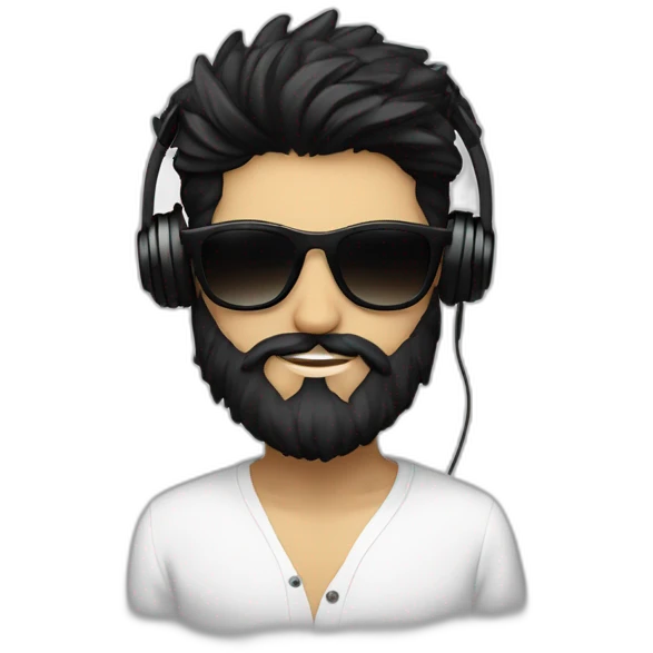 A stylish boy wearing headphones and sun glasses and in background music waves black hair black beard new trending look white skin colour like a hero emoji
