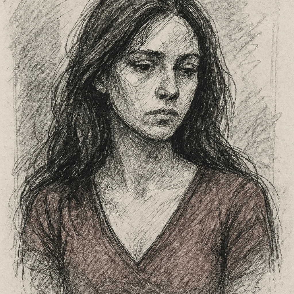 a woman with long chocolate brown hair wearing a red v-neck top, hand-drawn sketch style emoji