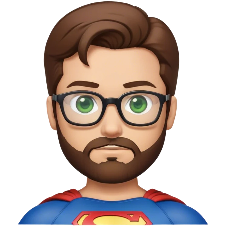 Superman with brown hair, a beard, and glasses on. Eyes are green emoji