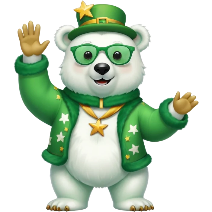 full body friendly anthropomorphised polar bear wearing large multicolored star-shaped glasses and festive St. Patrick's Day outfit, waving and smiling emoji