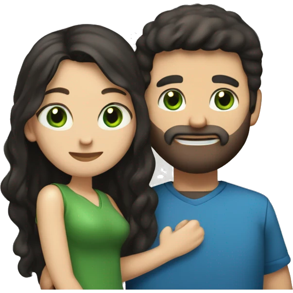 White man BROWN beard and blue eyes and BROWN hair hugging white woman with long black hair and green eyes emoji