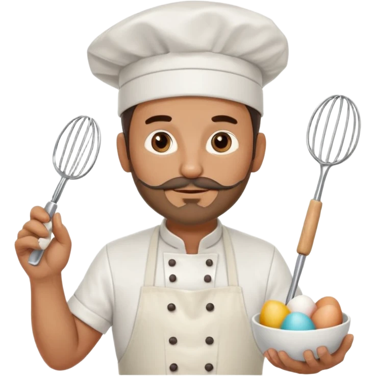 Middle aged male pastry chef - with a small beard, apron, white hat, and holding an egg beater in his hand emoji