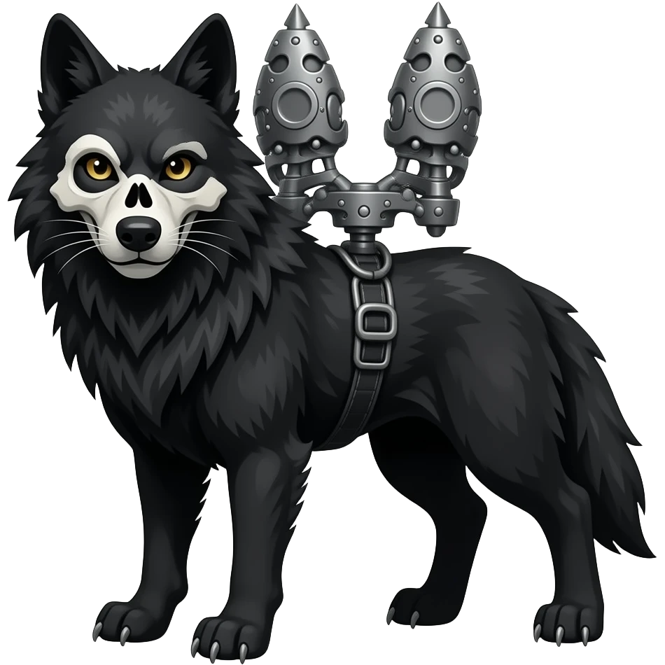 Anthropomorphic edgy cool badass black wolf with a white upper muzzle skull part, skull face emoji