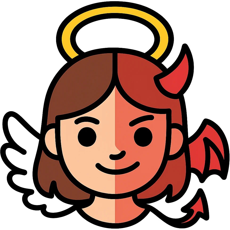 Edit this image to depict a brown-haired girl with one angelic side (halo, serene expression) and one devilish side (horn, mischievous grin). Remove the background. emoji