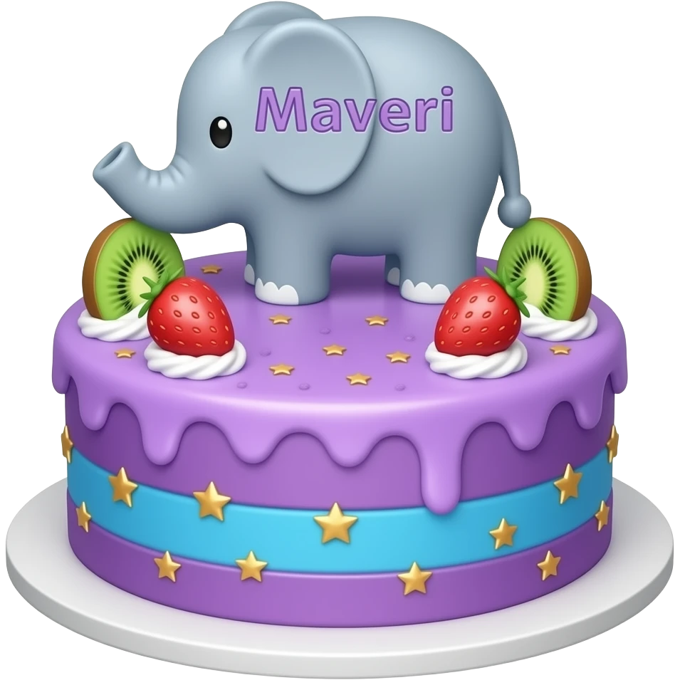 Make a cake with elephant writing saying Maveri and the whole cake is purple and blue with golden stars and kiwi and strawberry decorations emoji