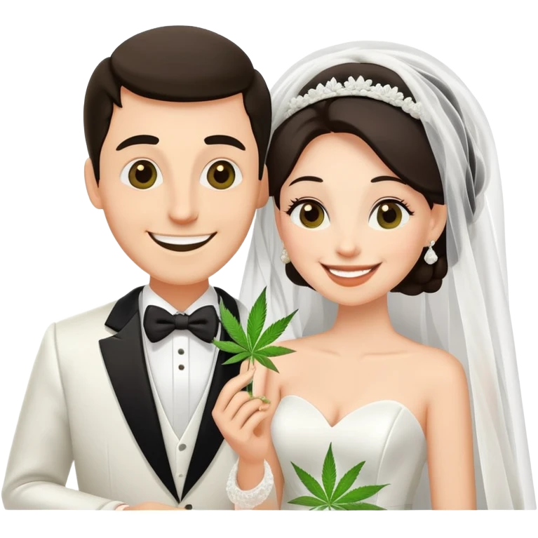 Bride in white dress and groom in tuxedo sharing a cannabis joint, cheerful cartoon wedding couple emoji