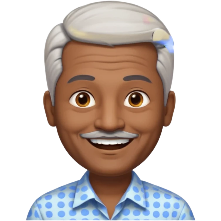50 yr old indian man, dark skin, grey hair, big smile, white teeth, chubby, no moustache, clean shaven, young style hair, hair brushed back, 5 oclock shadow, dot on forehead, dress shirt emoji