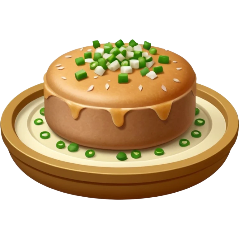 Emoji of a Chinese steamed pork patty in a small dish, topped with chopped scallions, soft texture, minimal style. emoji