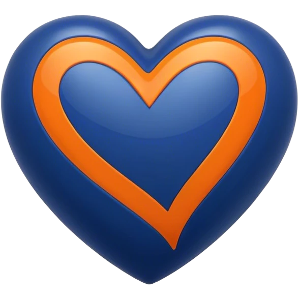 Glossy, sporty dark blue heart with straight orange athletic stripes going down one side emoji