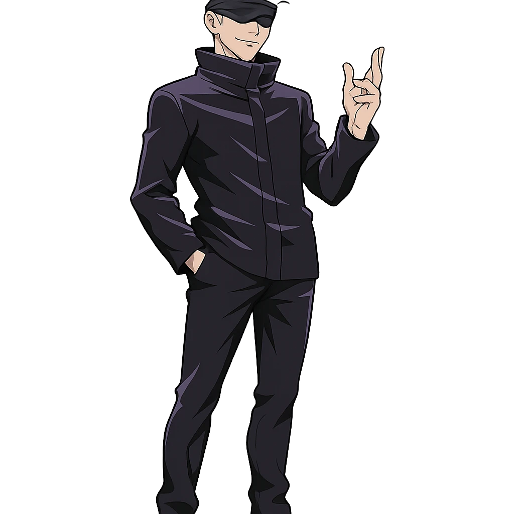 Gojo Satoru, white hair, blindfold, confident pose, full body, inspired by Jujutsu Kaisen, anime style, no background emoji