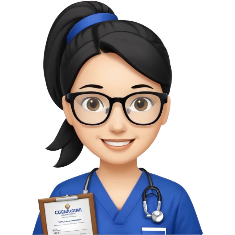 Ghibli style scene of jumping Nurse, white woman, black hair in ponytail, brown eyes, black glasses, royal blue scrubs happy with Certificate  emoji