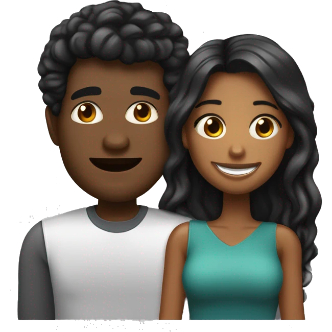 Pareja de un chico de pelo negro liso y corto y de piel moreno, y una chica blanca con el pelo negro largo y ondulado haciéndose un selfie emoji