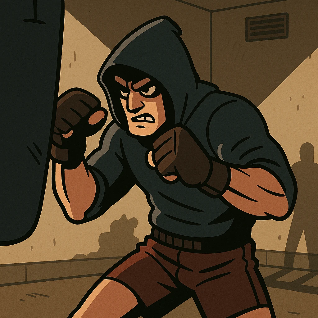 a figure training in the shadows, with a comic book style emoji