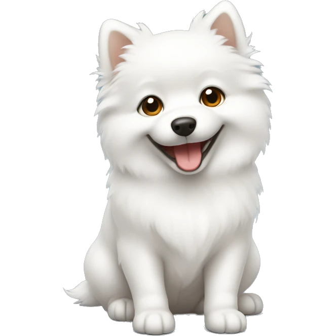 white spitz puppy sits and smiles, he has brown eyes emoji