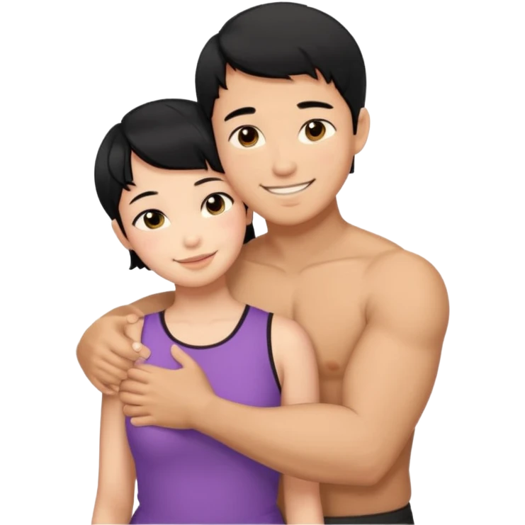 buff tan asian Man black hair hugging girl with black pixie cut  emoji