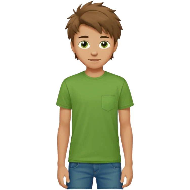 A 14 yerar old teenage boy, slightly tanned, wearing a green tshirt (no pocket), blue jeans and green sneakers with brown tousled hair, smirking emoji