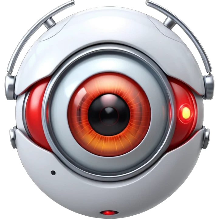 3D render of Robotic Eye, futuristic cyborg aesthetic, fusion of organic skin and chrome metal, white eyeball with a glowing red camera lens iris, exposed wiring, Apple emoji style, isolated on white background --v 6.0. emoji