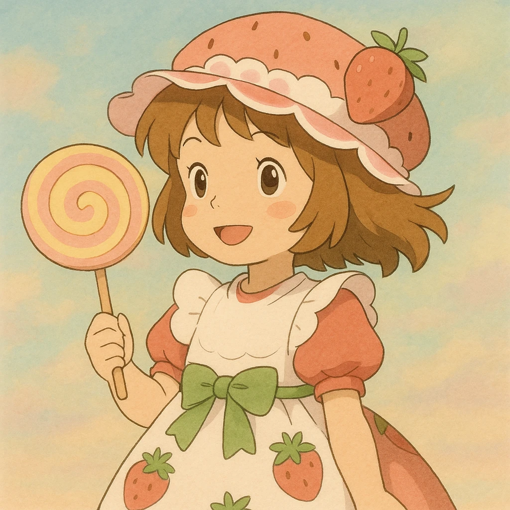 little girl in a strawberry shortcake dress, holding a candy wand, pastel background, ghibli style emoji