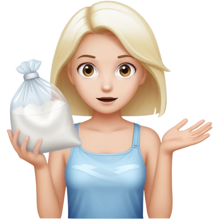Girl shrugging holding a clear plastic bag with white powder emoji