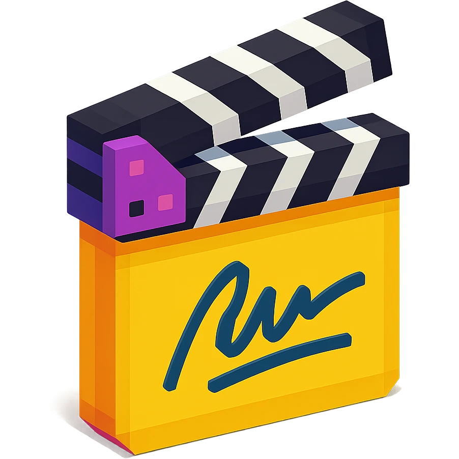 voxel style movie clapperboard with a director's signature, isometric view emoji