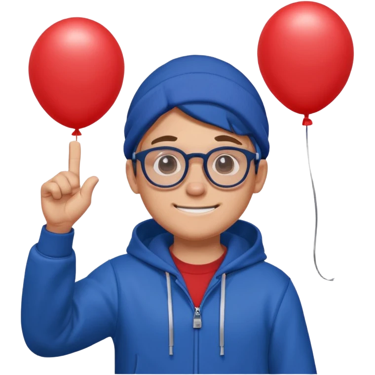 Gus from Brawl Stars, smiling, waving, round glasses, blue hoodie, holding balloon emoji