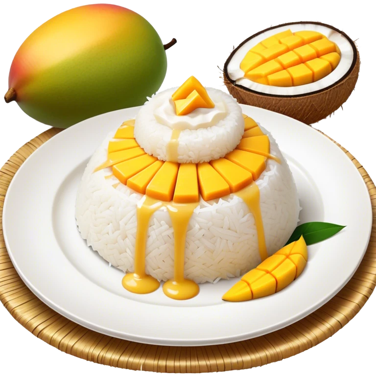 Mango Sticky Rice Cinematic Realistic Mango Sticky Rice Dessert Emoji, depicted as sticky rice drizzled with coconut milk topped with a layer of coconut cream, accompanied by sliced mango on the side of the plate, rendered with vivid textures and warm, tropical lighting. emoji