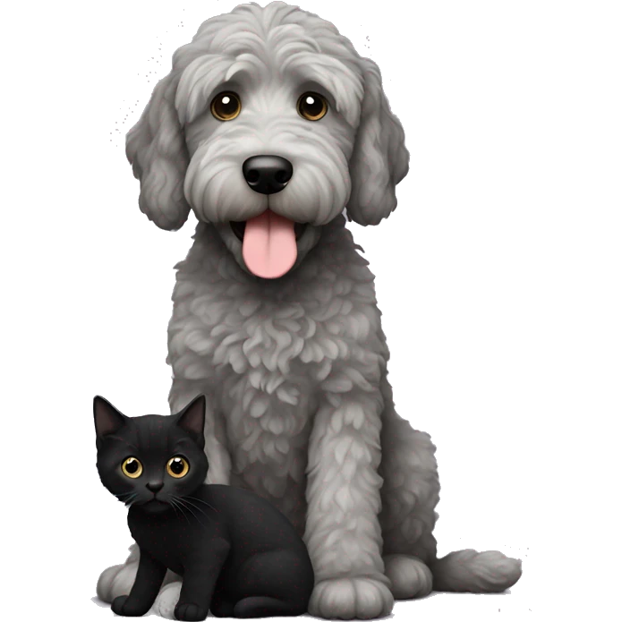 Grey labradoodle with black kitten emoji