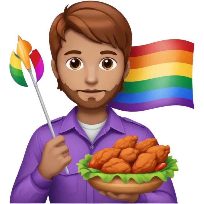 Guy with brown hair holding buffalo chicken and a gay pride flag emoji